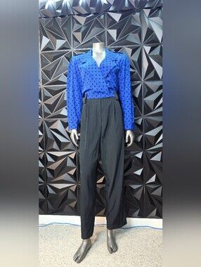 Royal Blue Polka Dot Wrap Blouse with Black High-Waist Trousers
